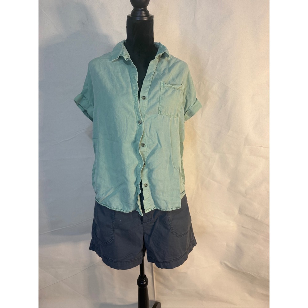 Lola River Sage Green Short Sleeve Button Down Shirt Women Large Pocket Cuffed